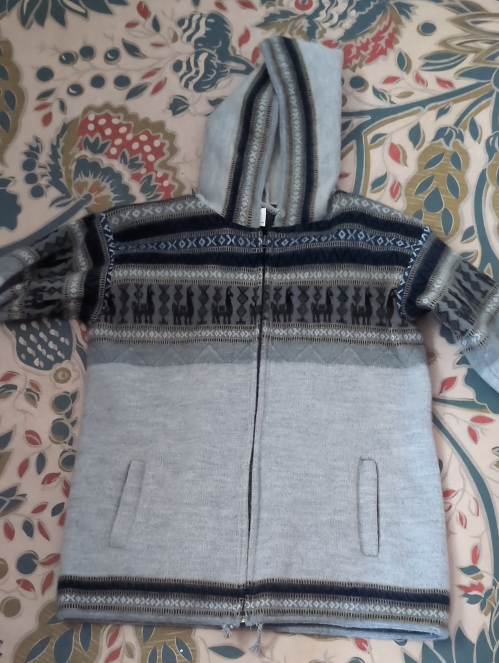 Light Gray Hooded Zip Sweater with Patterned Yoke